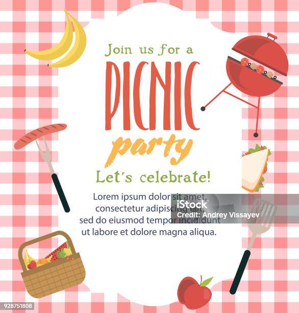 Picnic Or Barbecue Party Invitation Card Stock Illustration - Download Image Now - Picnic, Invitation, Summer