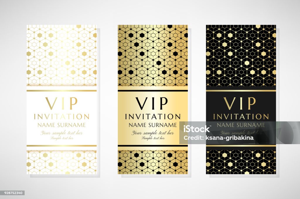 Gold hexagons. Vip invitation templates. Gold hexagons. Vip invitation templates. Cover design with ornaments. Vector decorative vertical flyers with copy space. Gold Colored stock vector