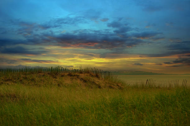 Awe Sunset landscape tall grass, beach, Wooden bridge, Charlevoix, Quebec, Canada