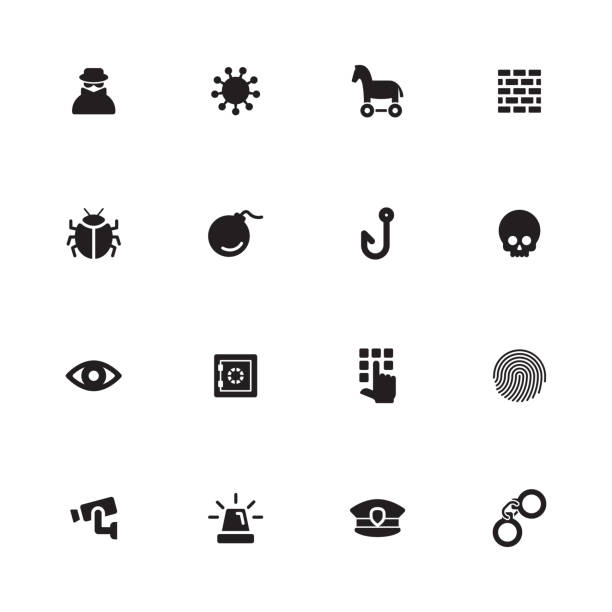 czarny prosty płaski zestaw ikon - koncepcja bezpieczeństwa - computer crime flash stock illustrations