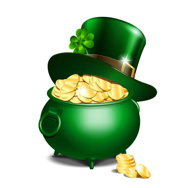 레프러콘 모자, 황금 - st patricks day pot of gold clover irish culture stock illustrations