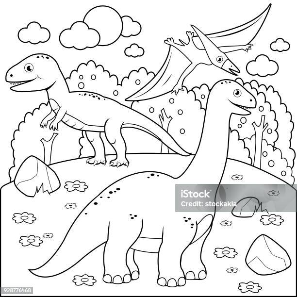 Prehistoric Landscape With Dinosaurs Black And White Coloring Book Page Stock Illustration - Download Image Now