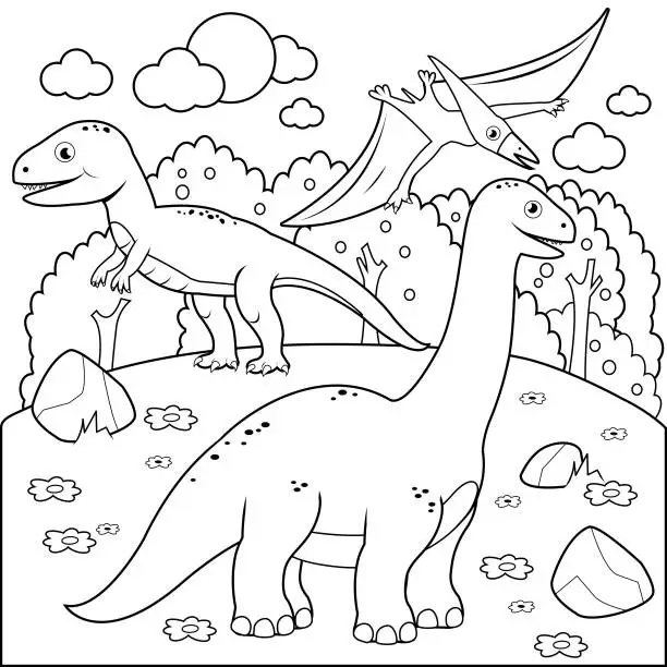 Vector illustration of Prehistoric landscape with dinosaurs. Black and white coloring book page