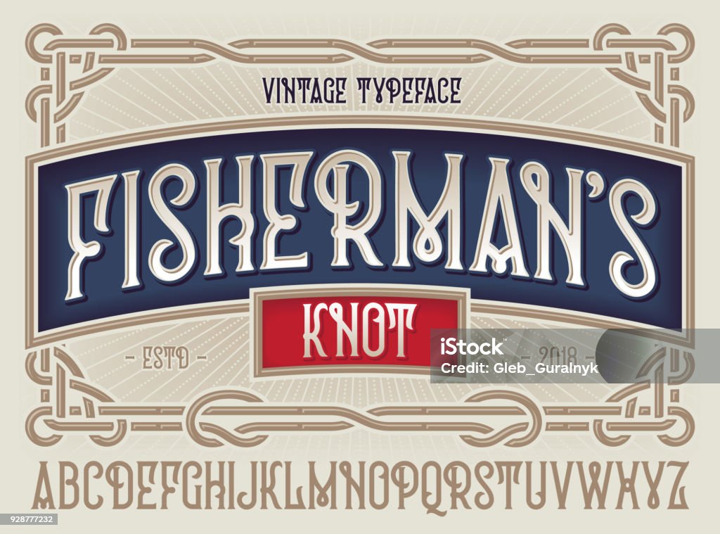 Old style typeface "Fisherman's Knot" with beautiful decorative vintage frame ornate. Retro Style stock vector