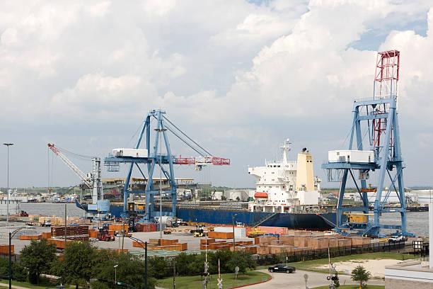 A ship heads out to the Gulf of Mexico though Aransas Pass