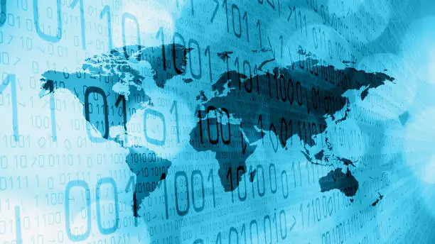 Computer binary code and world map