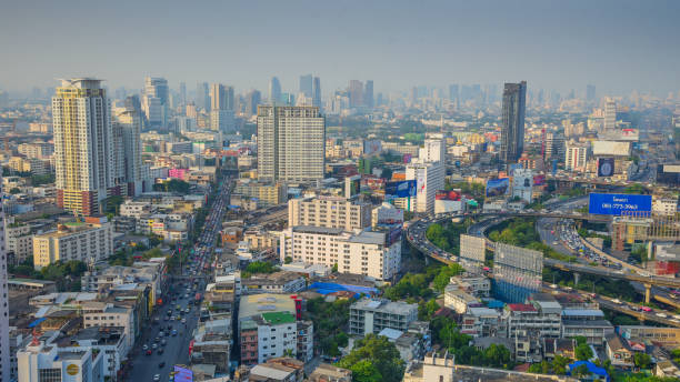 istock Panoramic view Cityscape business district from aerial view high building at dusk (Bangkok, Thailand) 928780540