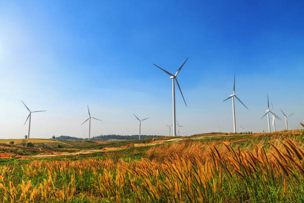 istock wind turbines on the hill with blue sky background 928780542