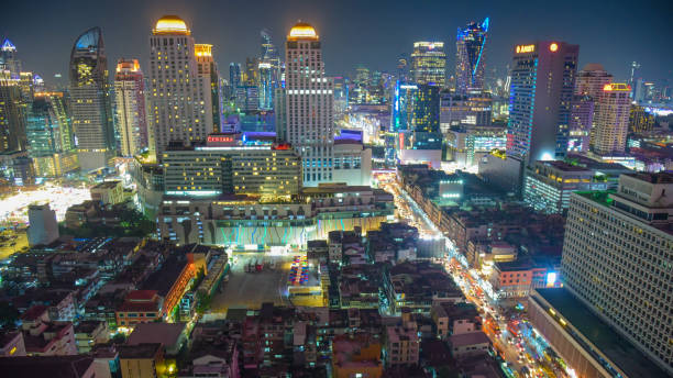 istock Panoramic view Cityscape business district from aerial view high building at dusk (Bangkok, Thailand) 928780592