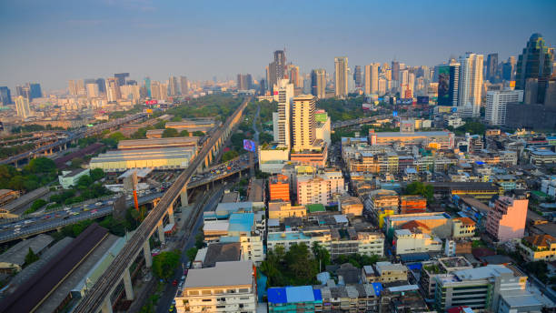 istock Panoramic view Cityscape business district from aerial view high building at dusk (Bangkok, Thailand) 928780662