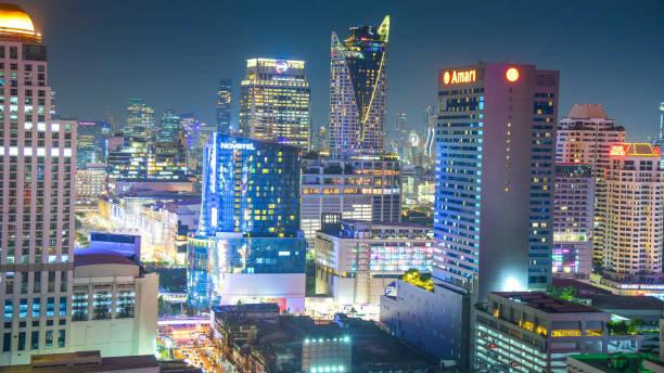 istock Panoramic view Cityscape business district from aerial view high building at dusk (Bangkok, Thailand) 928780796
