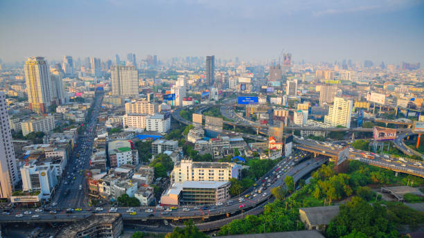 istock Panoramic view Cityscape business district from aerial view high building at dusk (Bangkok, Thailand) 928780838