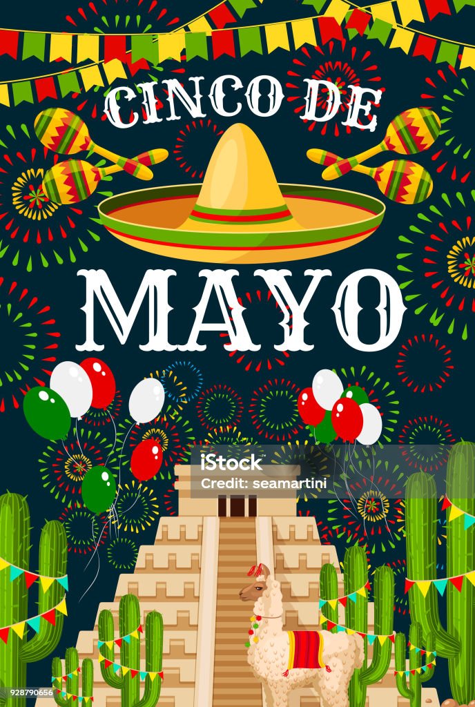 Cinco de Mayo Mexican hat vector greeting Cinco de Mayo greeting card for Mexican traditional holiday fiesta party celebration. Vector sombrero and Mexico flag balloons on Aztec or Maya pyramid, cactus and fireworks for Cinco de Mayo design Cinco de Mayo stock vector