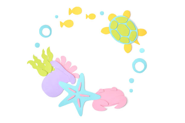Sea life circle frame paper cut on white background - isolated