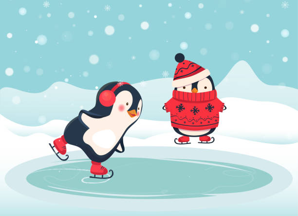 ilustraciones, imágenes clip art, dibujos animados e iconos de stock de caricatura de pingüino skater - ice skating