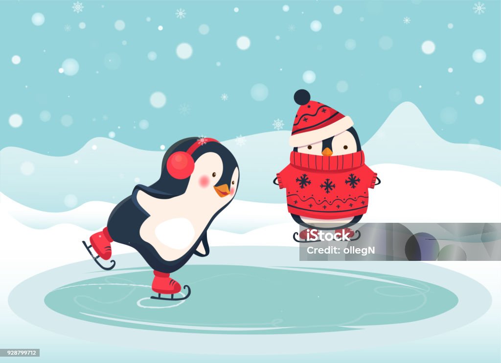penguin skater cartoon Penguin ice skater cartoon. Penguin isolated vector illustration. Winter stock vector