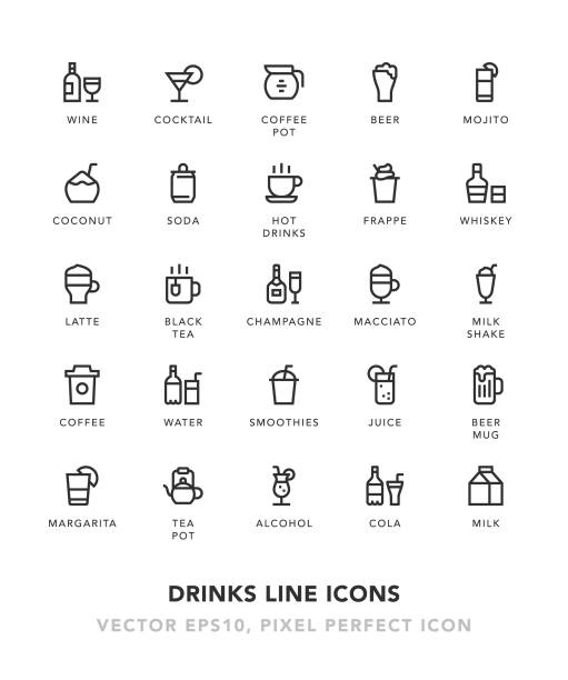 illustrations, cliparts, dessins animés et icônes de icônes de ligne de boissons - drink glass symbol cocktail