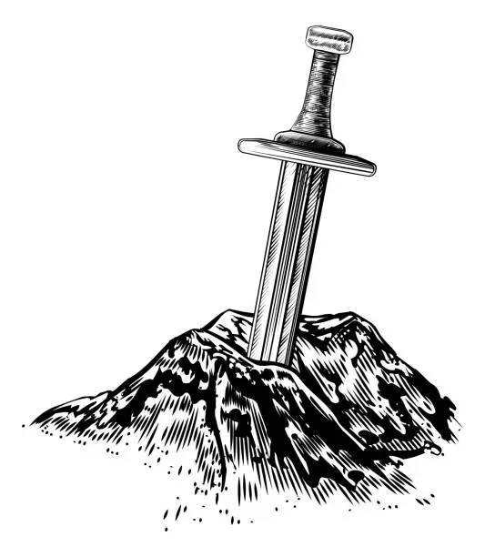 Vector illustration of Excalibur Sword in the Stone Illustration