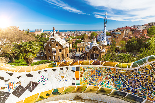 Barcelona city.,Sagrada Familia panoramic view, sea and blue sky.