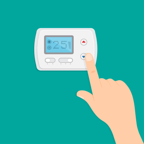 ilustraciones, imágenes clip art, dibujos animados e iconos de stock de mano es pulsando el botón al panel de control de clima - termostato
