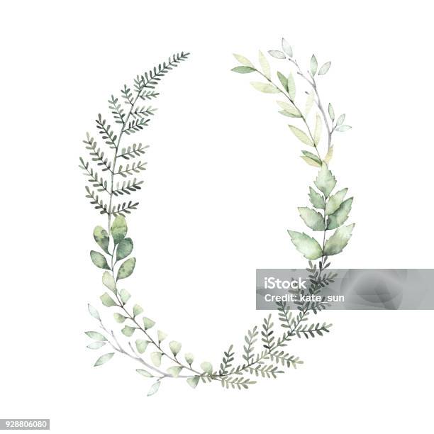 Hand Drawn Watercolor Illustration Botanical Wreath Of Green Branches And Leaves Fern Spring Mood Floral Design Elements Perfect For Invitations Greeting Cards Prints Posters Stock Illustration - Download Image Now