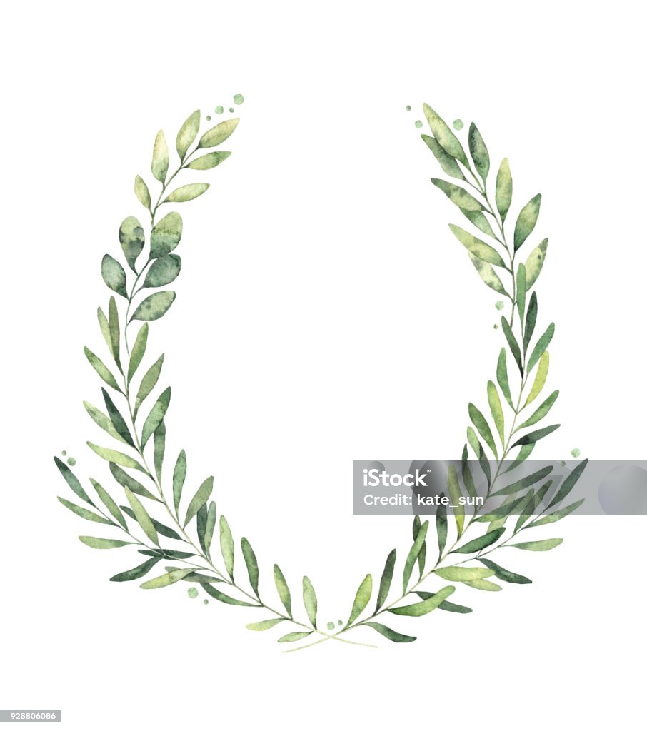 Illustration aquarelle dessinée à la main. Couronne de botanique des branches vertes et des feuilles. Humeur de printemps. Éléments de Design florales. Parfait pour les invitations, cartes de souhaits, estampes, affiches, emballage - Illustration de Aquarelle libre de droits