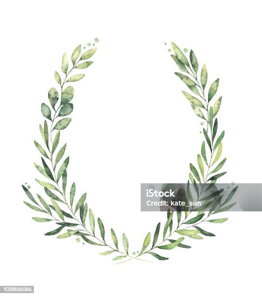 Hand Drawn Watercolor Illustration Botanical Wreath Of Green Branches And Leaves Spring Mood Floral Design Elements Perfect For Invitations Greeting Cards Prints Posters Packing Stock Illustration - Download Image Now