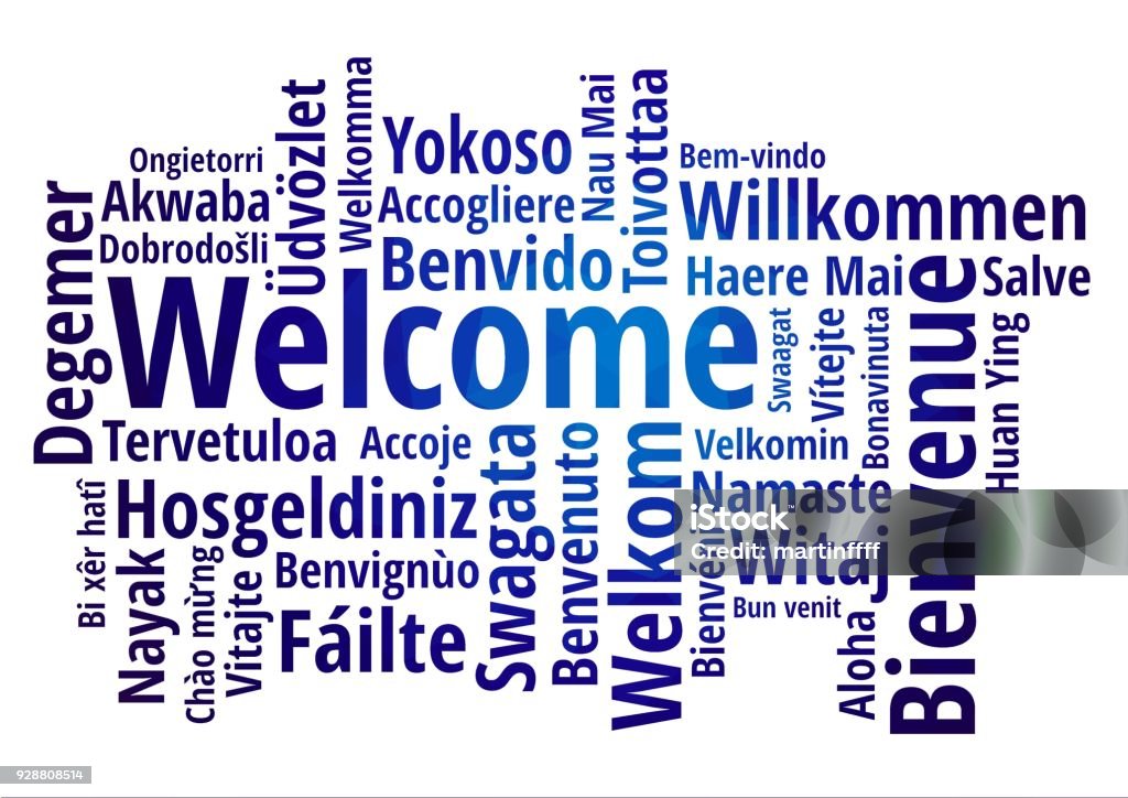 WELCOME word cloud in different languages, concept blue low poly background Greeting stock vector