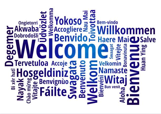 WELCOME word cloud in different languages, concept blue low poly background WELCOME word cloud in different languages, concept blue low poly background greeting stock illustrations