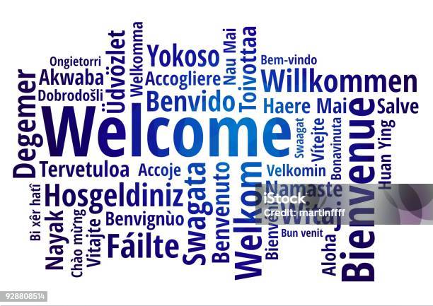 Welcome Word Cloud In Different Languages Concept Blue Low Poly Background Stock Illustration - Download Image Now