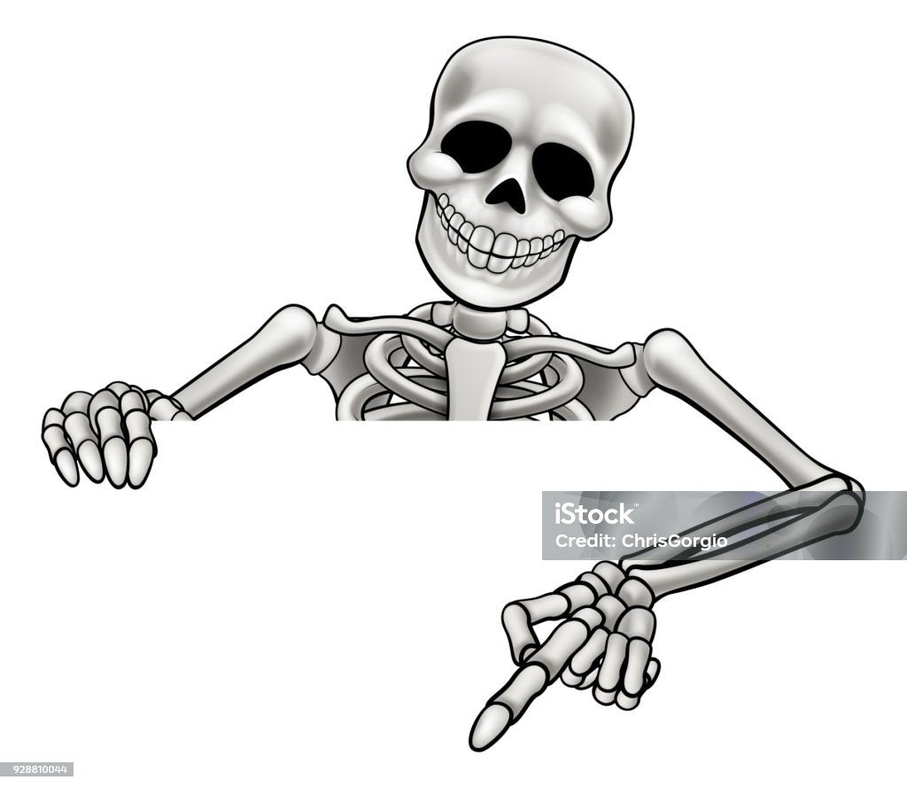 Cartoon Skeleton Pointing Sign A skeleton Halloween cartoon character peeking over a sign and pointing Human Skeleton stock vector