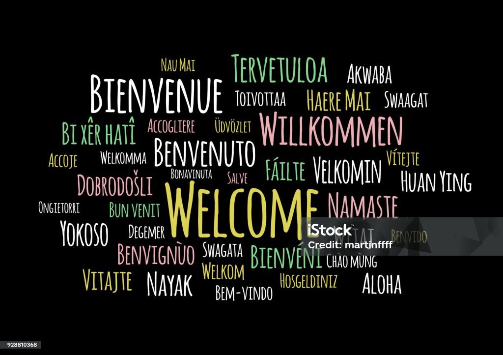 Welcome in different languages wordcloud vector on black background Greeting stock vector