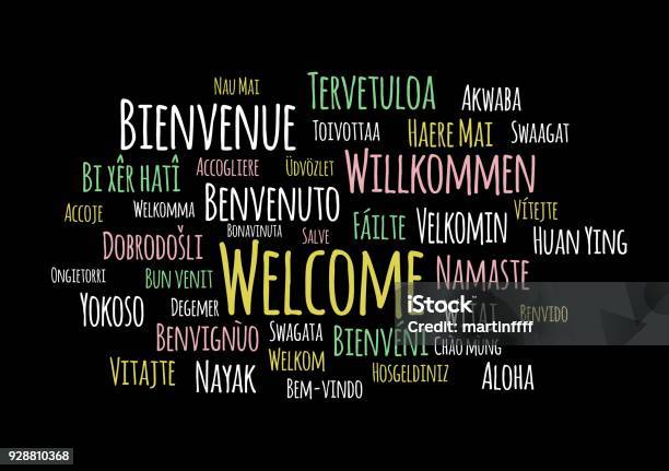 Welcome In Different Languages Wordcloud Vector On Black Background Stock Illustration - Download Image Now