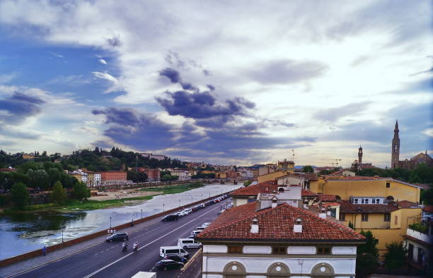 View of the river Arno from Zecca tower, Florence, Tuscany, Italy