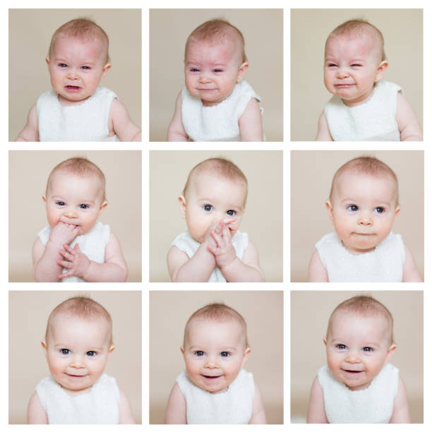 niedliche collage eines kleinen kleinkind baby jungen, verschiedene grimassen - human teeth little boys behavior expressing negativity stock-fotos und bilder