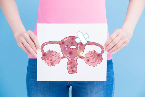 woman take uterus billboard woman take sick uterus billboard on the blue background caricature photos stock pictures, royalty-free photos & images