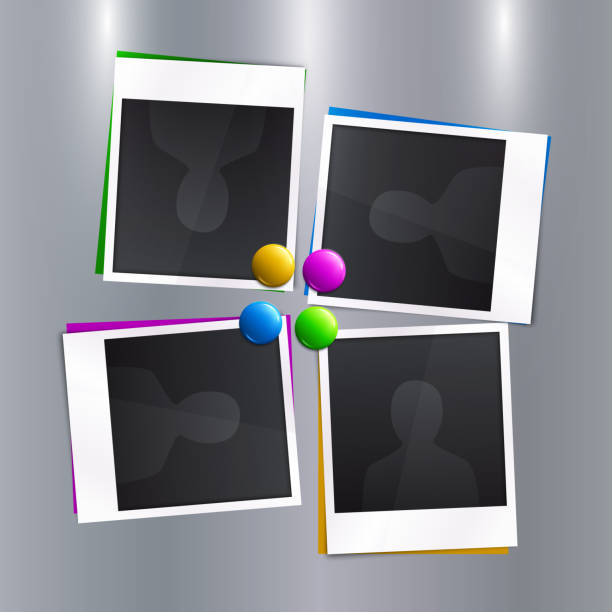 Vector set of empty photo frames with colorful magnets on the fridge. vector art illustration
