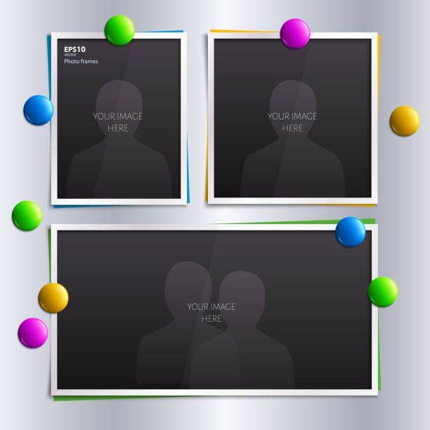 Vector set of empty photo frames with colorful magnets on the fridge. Set of empty photo frames with colorful magnets on the fridge. magnet photos stock illustrations