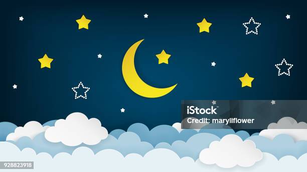 Half Moon Stars And Clouds On The Dark Night Sky Background Paper Art Vector Illustration Stock Illustration - Download Image Now