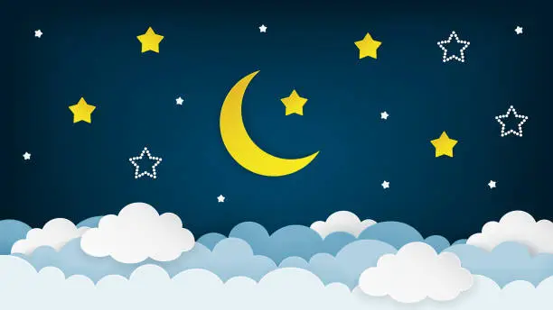 Vector illustration of Half moon, stars and clouds on the dark night sky background. Paper art. Vector Illustration.