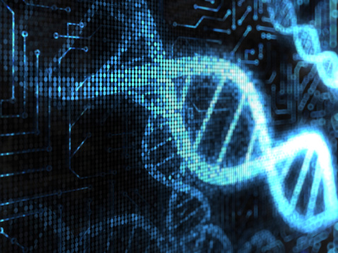 Digital screen with DNA strands and data background. Double helix structure. Nucleic acid sequence. Genetic research. 3d illustration.