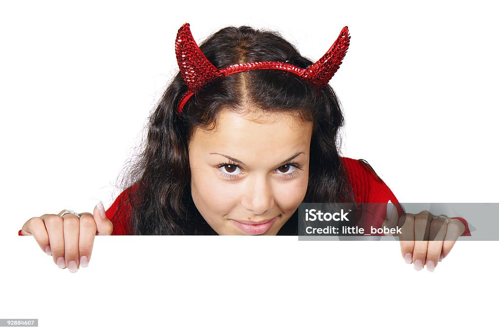 Sexy devil behind white board  Adult Stock Photo