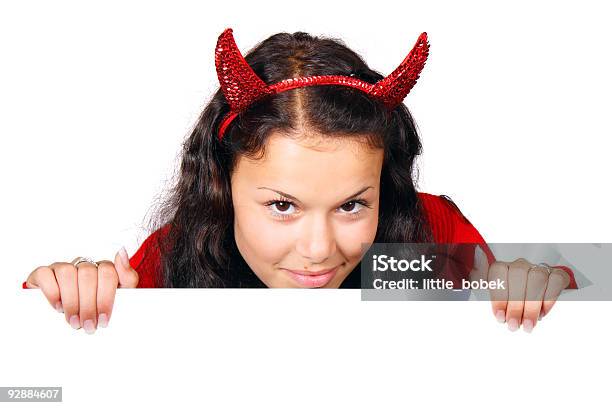 Sexy Devil Behind White Board Stock Photo - Download Image Now - Adult, Color Image, Cute
