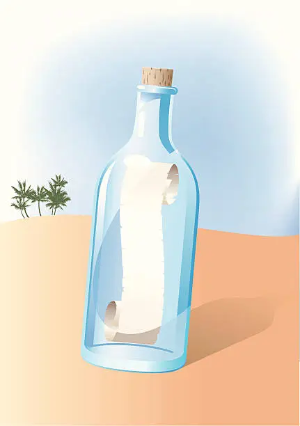 Vector illustration of message in a bottle on sand