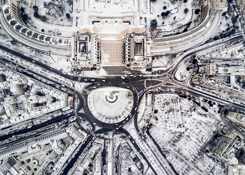 Aerial view of Paris covered in snow