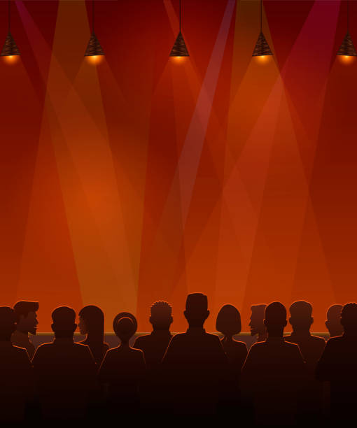 ludzie siedzący na scenie. wektorowa ilustracja sylwetki publiczności siedzącej na scenie. - crowd audience people stage theater stock illustrations