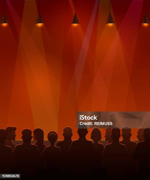 People Sitting At The Stage Vector Illustration Of Silhouettes Of Audience Sitting At The Stage Stock Illustration - Download Image Now