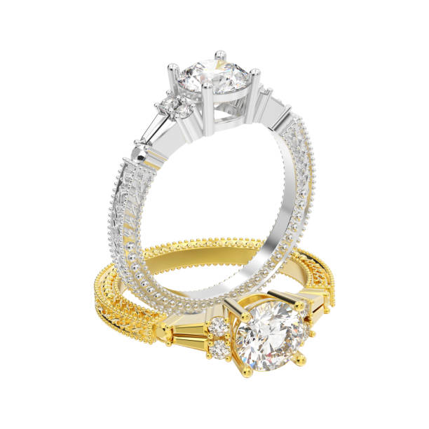 istock 3D illustration isolated two yellow and white gold or silver decorative diamond ring with ornament 928851156