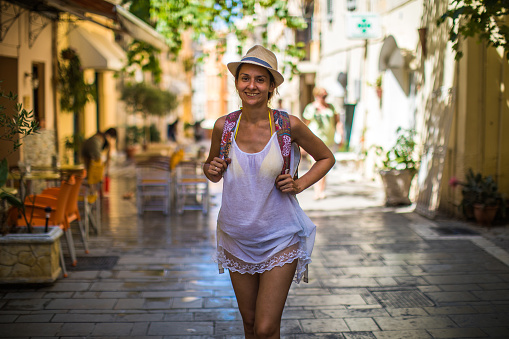 Happy Traveler Girl Exploring New City On Summer Holiday