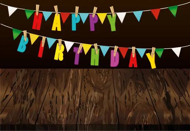 Vector illustration of The letters of Happy Birthday hang on clothespins on a rope. Garland of a flag and colorful confetti. Vector on wooden background. Postcard or invitation for a holiday